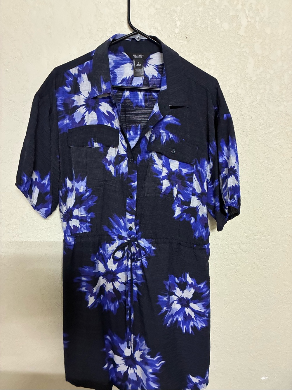 Vera Wang Black & Blue Floral Drawstring Dress- Casual Button-Up